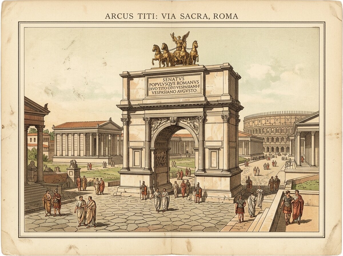 Restored plate of the Arch of Titus standing on the Via Sacra, crowned by a gilded bronze quadriga
