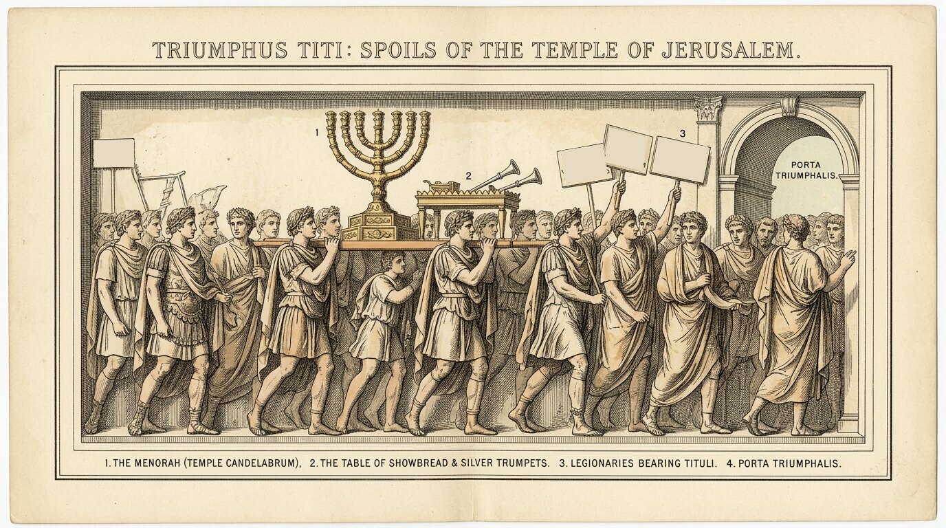 Restored plate of the Arch of Titus relief showing the spoils of the Temple of Jerusalem carried in triumph