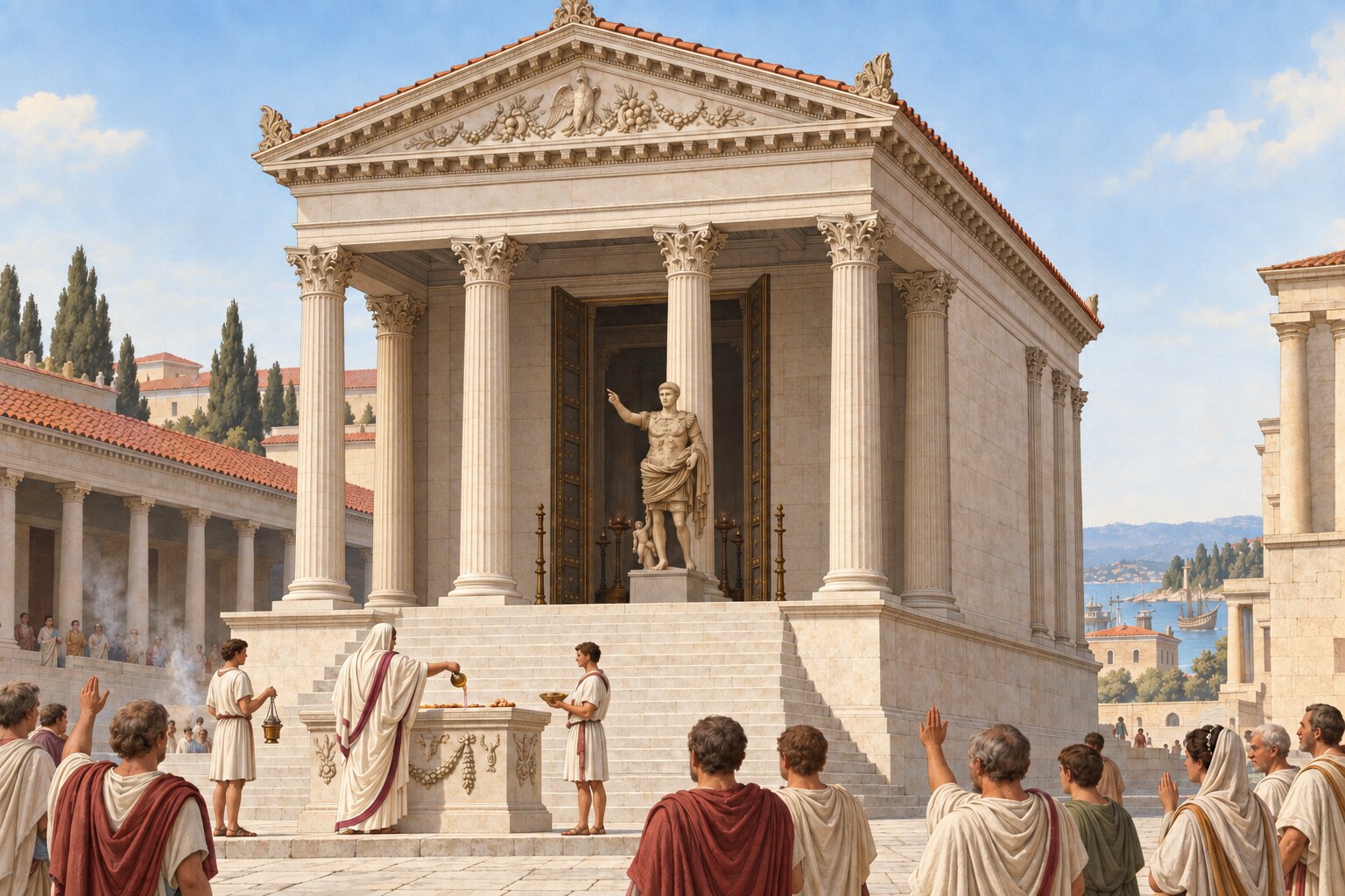 Reconstruction of citizens offering a libation outside the Temple of Roma and Augustus at Pola, with a cult statue visible inside
