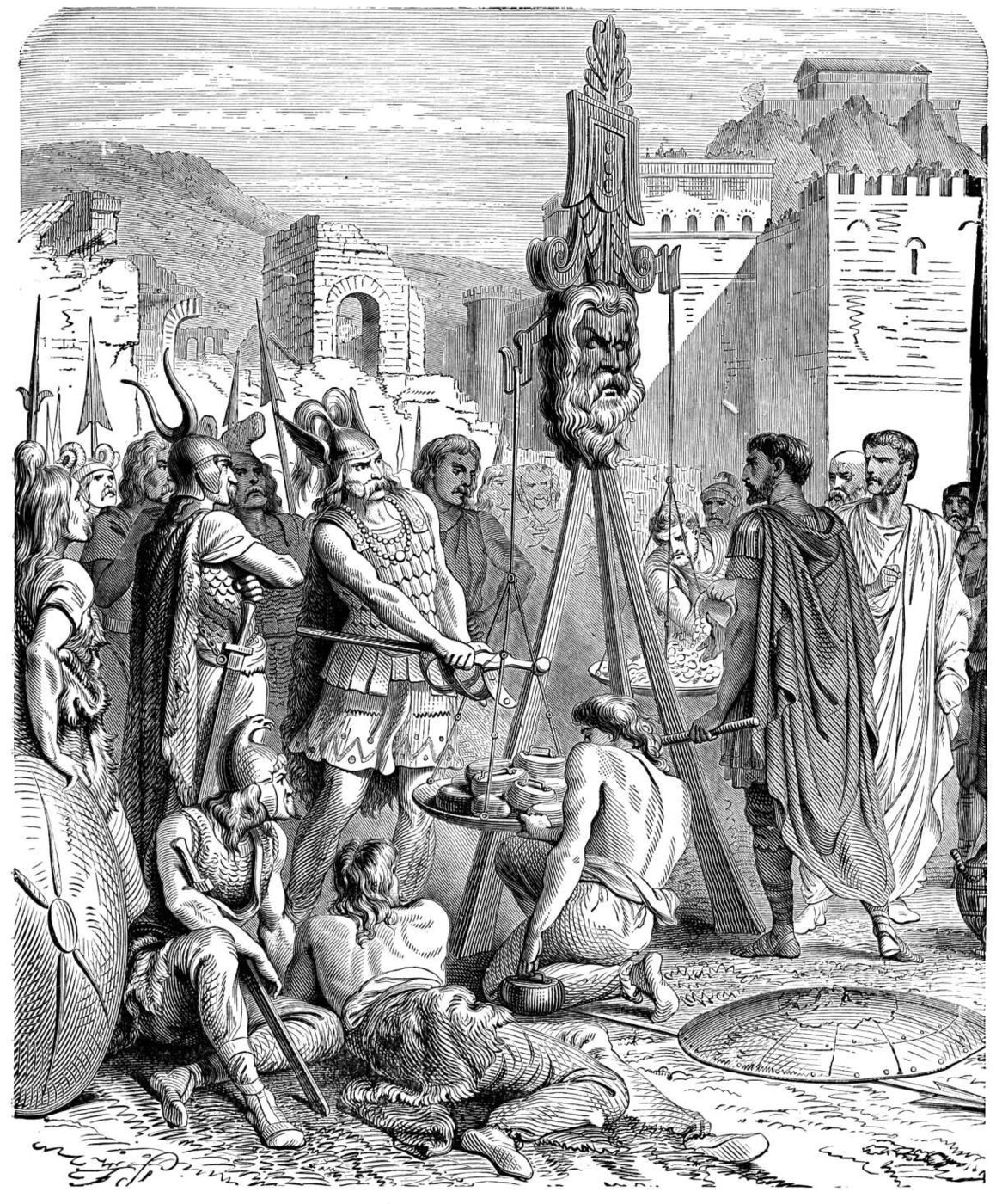 19th-century engraving of Brennus throwing his sword onto the scale weighing Rome's gold ransom