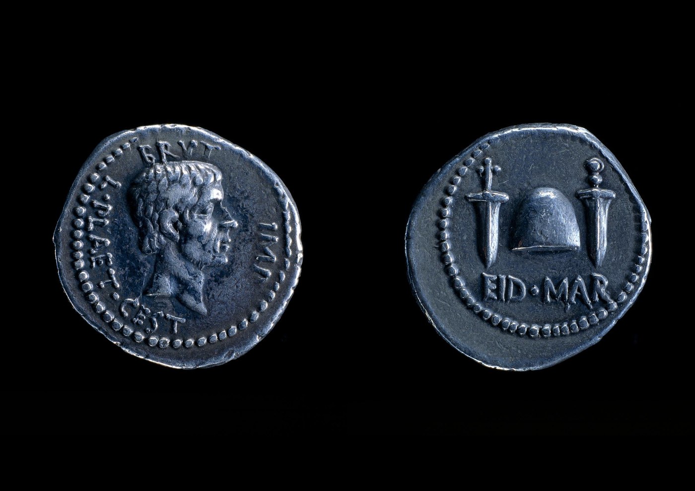 The EID MAR denarius of Brutus, with cap of liberty and two daggers