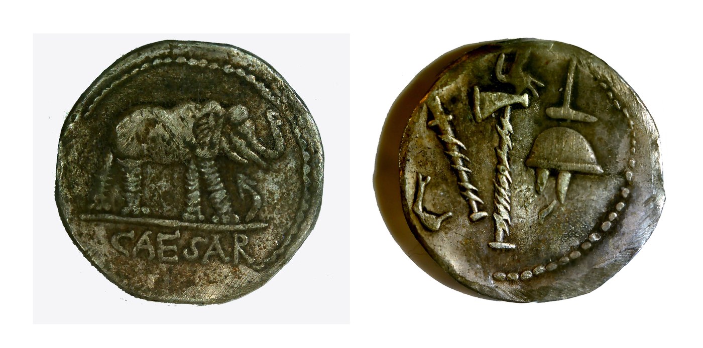 Silver denarius showing an elephant and the name Caesar