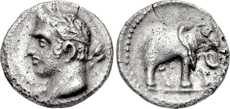 Carthaginian silver quarter-shekel from Spain showing a laureate head and a war elephant