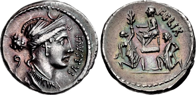 Silver denarius of Faustus Sulla depicting Jugurtha bound in chains