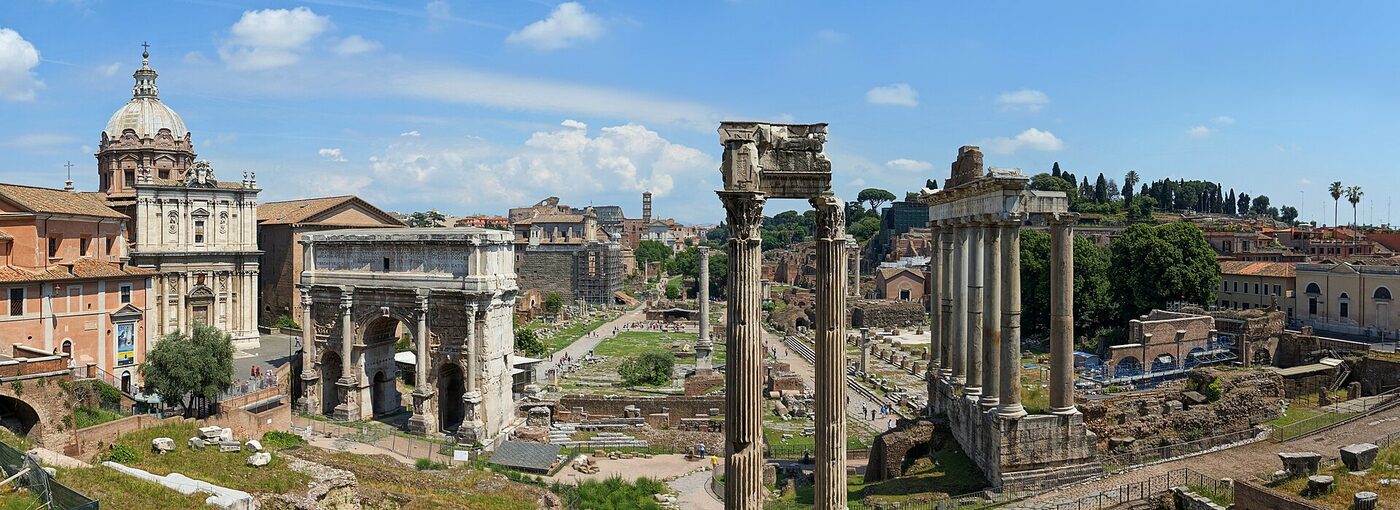 Modern photograph of the Roman Forum viewed from the Capitoline Hill