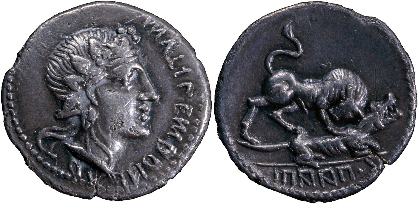 Social War coin of the Italian Bull goring the Roman She-Wolf