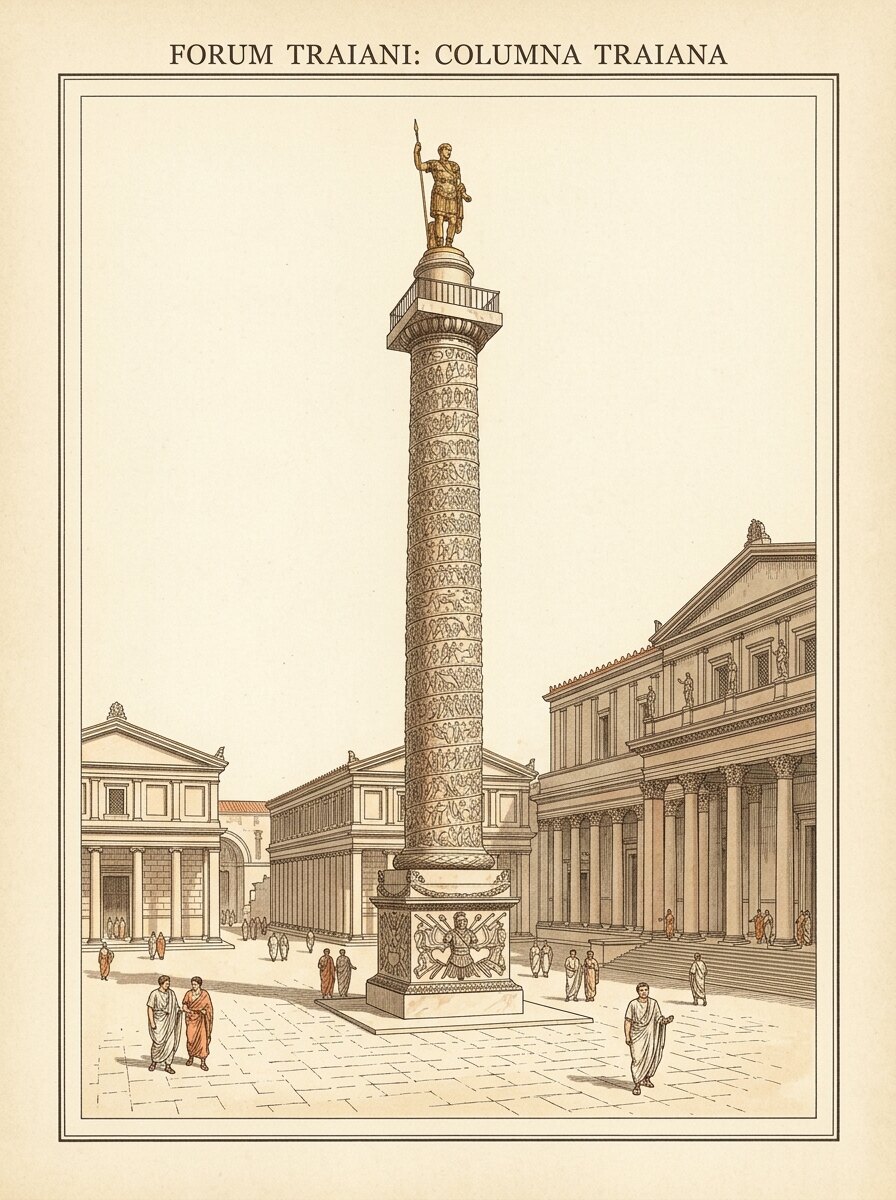 Restored plate of the Column of Trajan standing in the Forum of Trajan, with the gilded bronze statue of Trajan on its summit