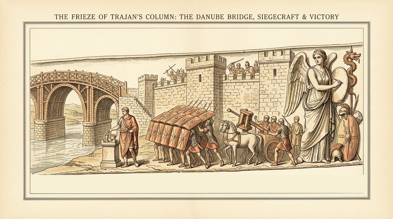 Restored plate of Trajan's Column: the Danube bridge at Drobeta, a testudo assault, and Victory between the two wars