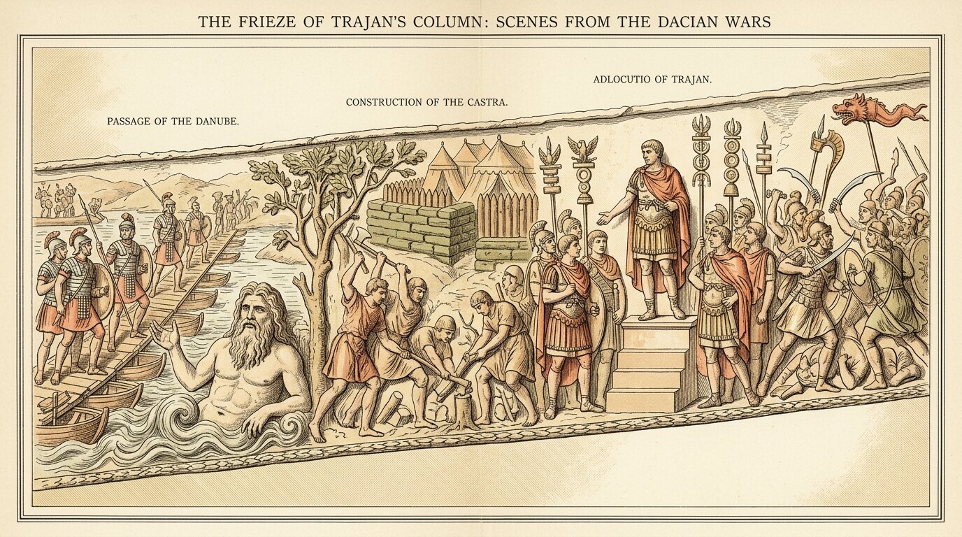 Restored plate of Trajan's Column: the passage of the Danube, building the camp, and the adlocutio