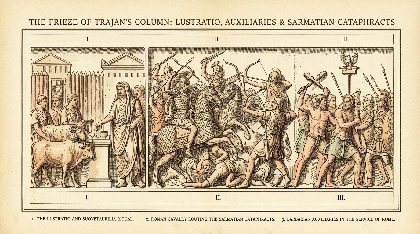 Restored plate of Trajan's Column: the lustratio sacrifice, Sarmatian cataphracts routed, and barbarian auxiliaries in Roman service
