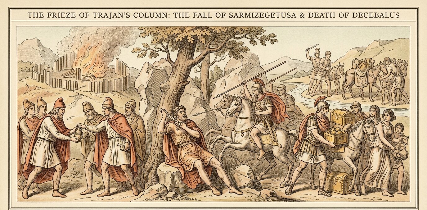 Restored plate of Trajan's Column: the fall of Sarmizegetusa, the death of Decebalus, and the recovery of the royal treasure