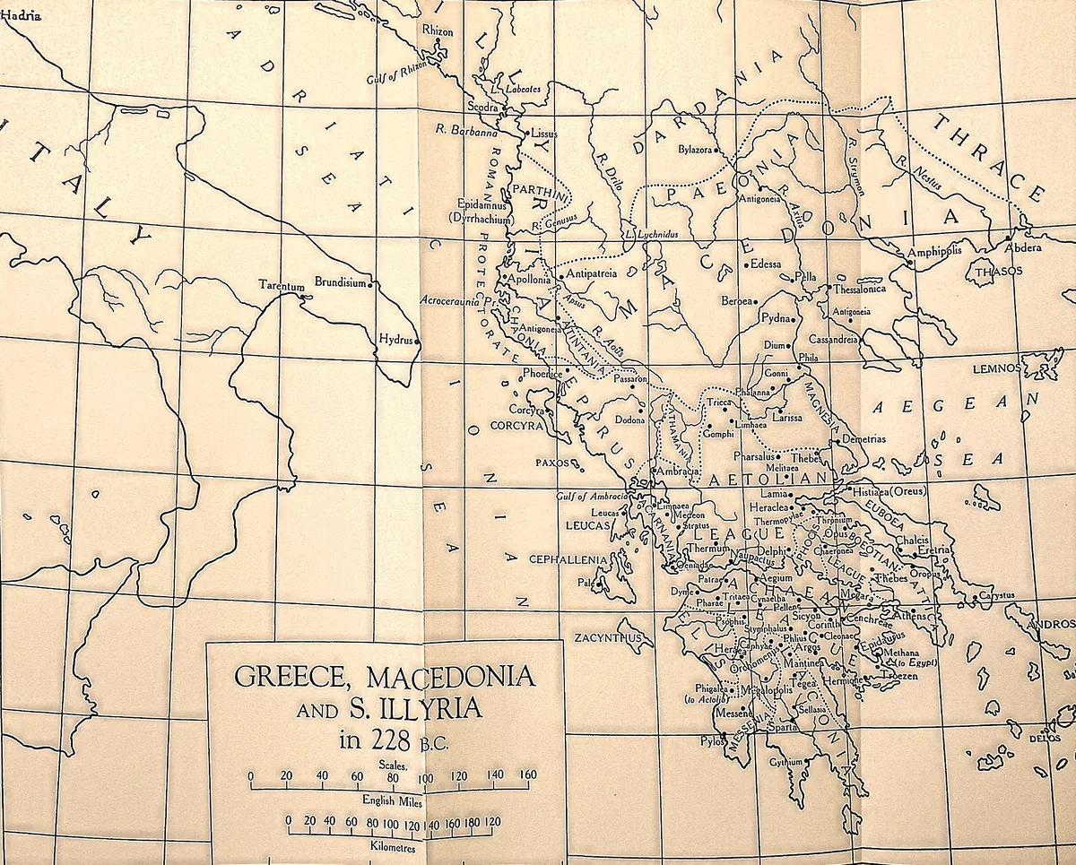 Cambridge Ancient History map plate: Greece, Macedonia and S. Illyria in 228 B.C.