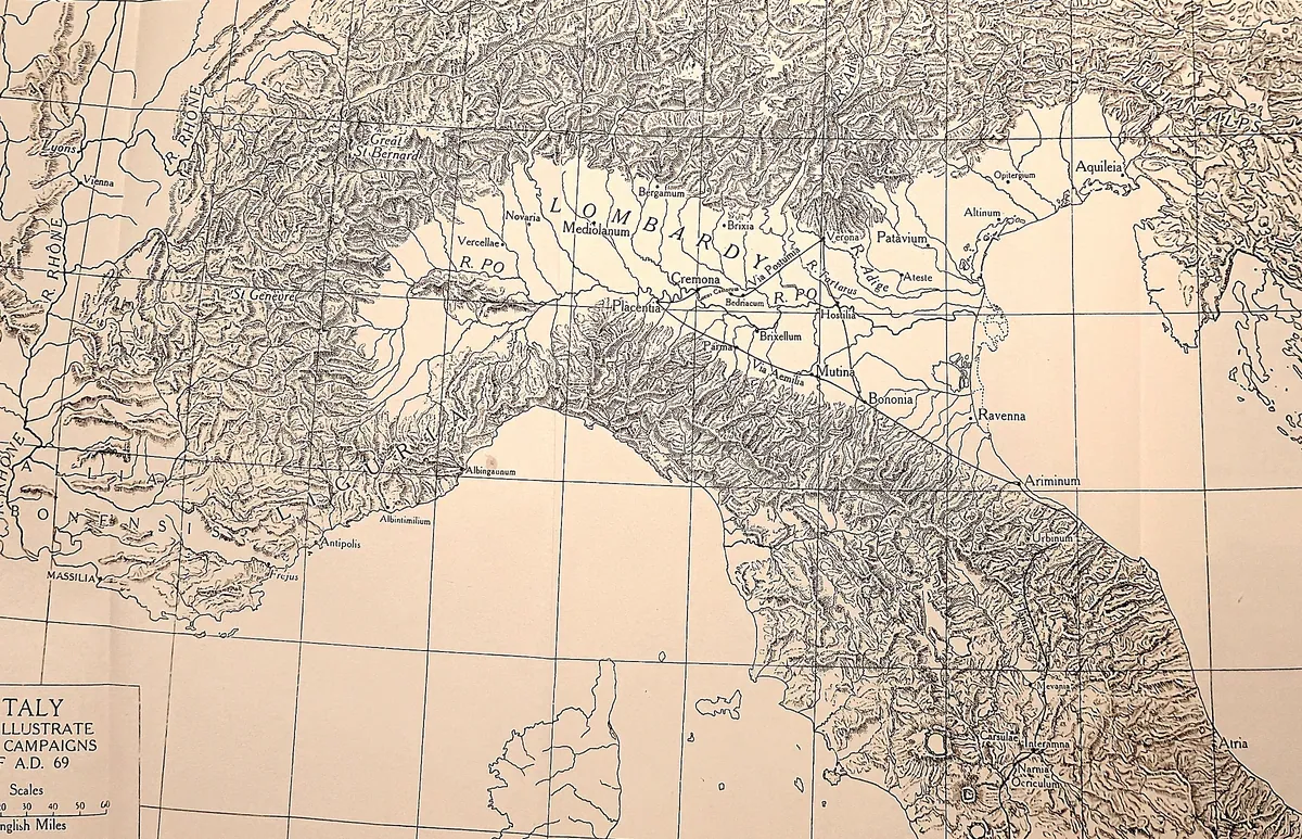 Cambridge Ancient History map plate: Italy to Illustrate the Campaigns of A.D. 69