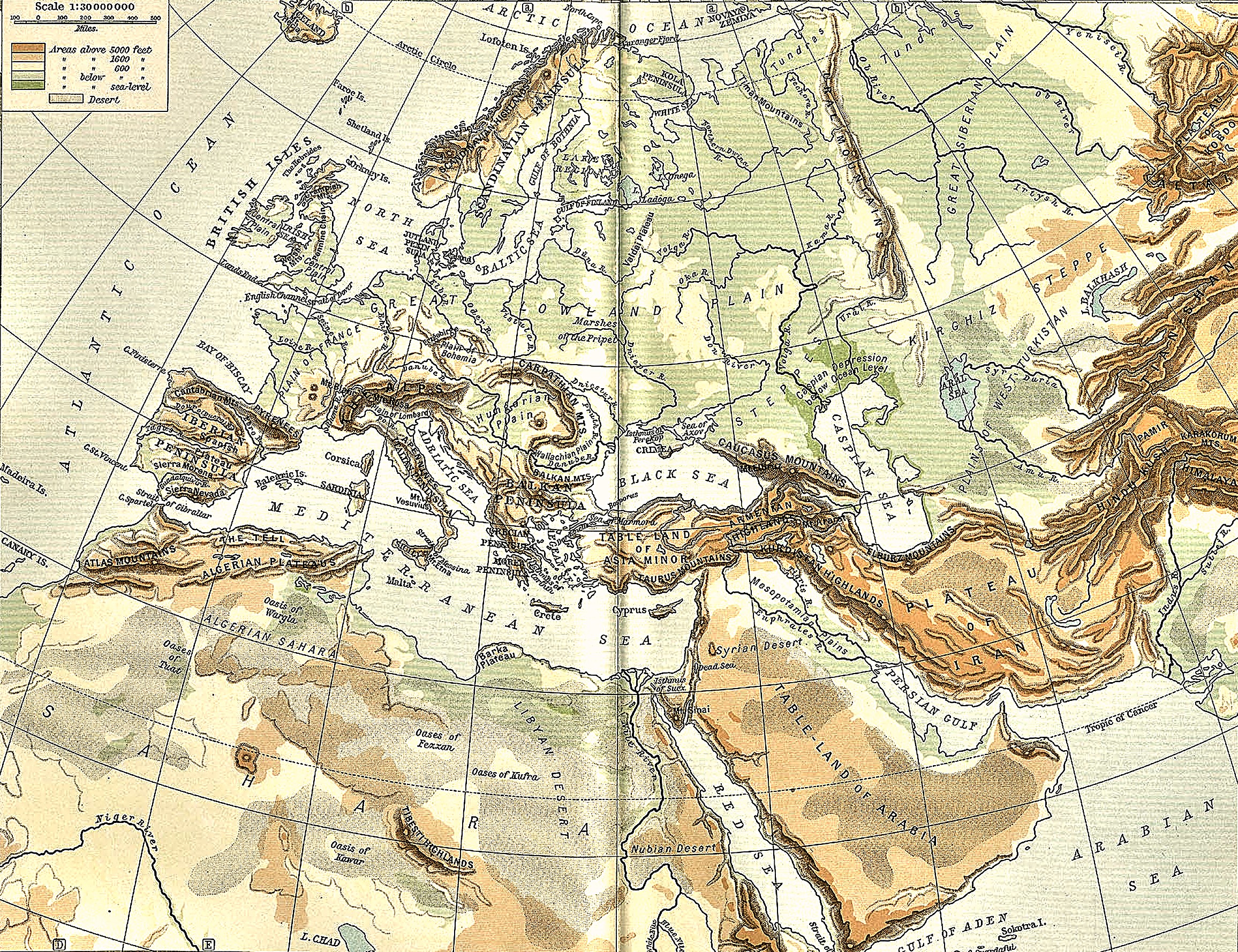 Physical map of Europe, western Asia and northern Africa