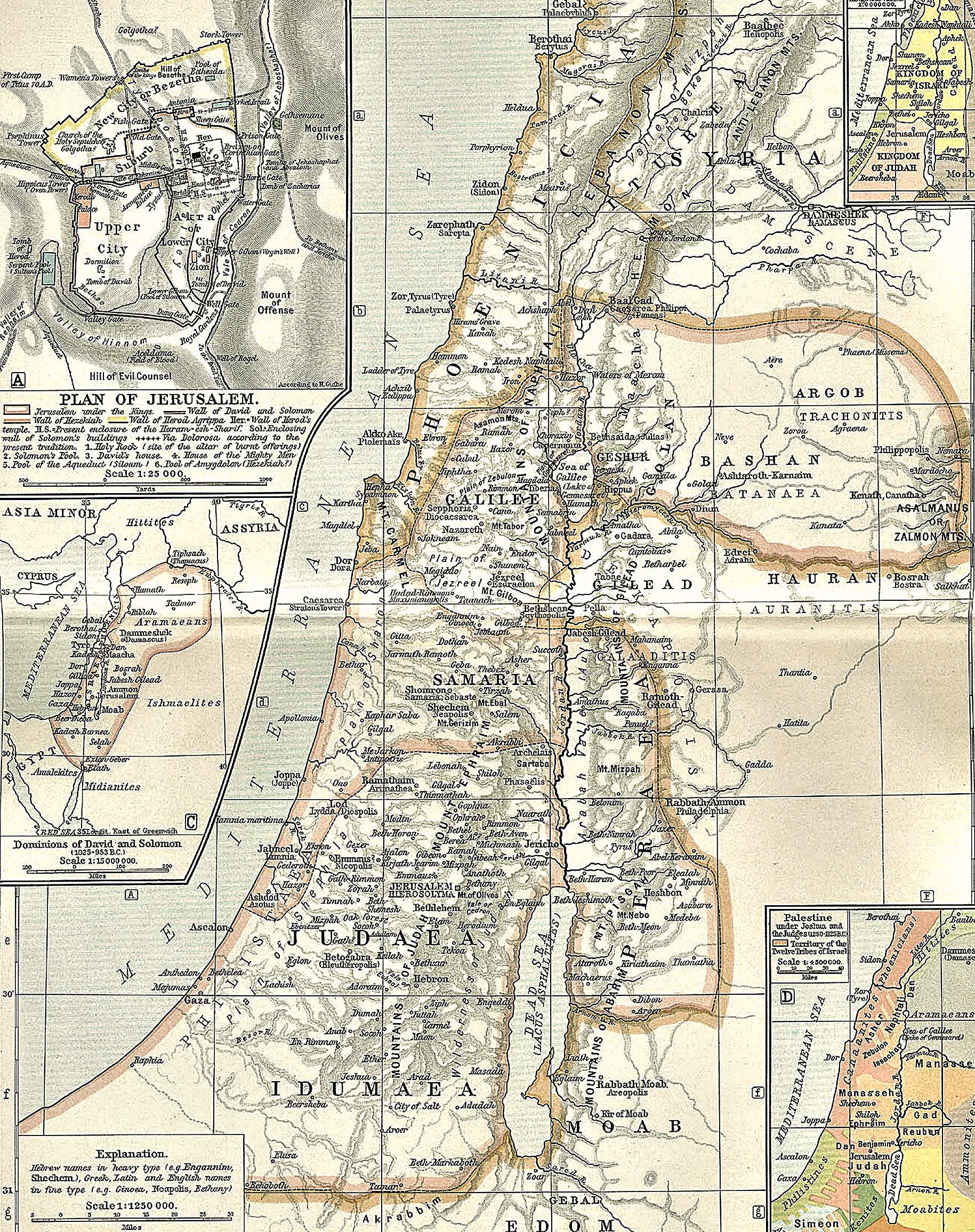 1911 historical map of ancient Palestine showing Judaea, Samaria, Galilee, and Idumaea, with an inset plan of Jerusalem and inset maps of the Israelite kingdoms
