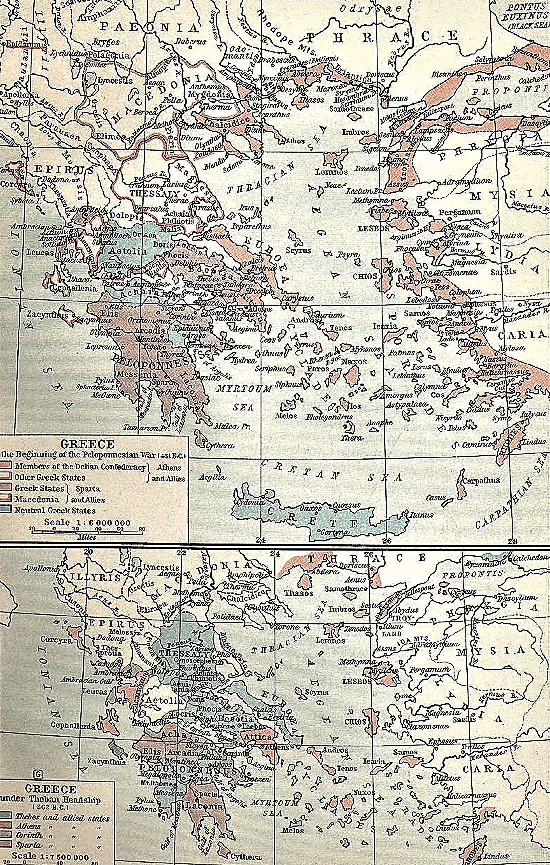 Two Shepherd atlas maps showing the alliances at the beginning of the Peloponnesian War and Greece under Theban leadership in 362 B.C.