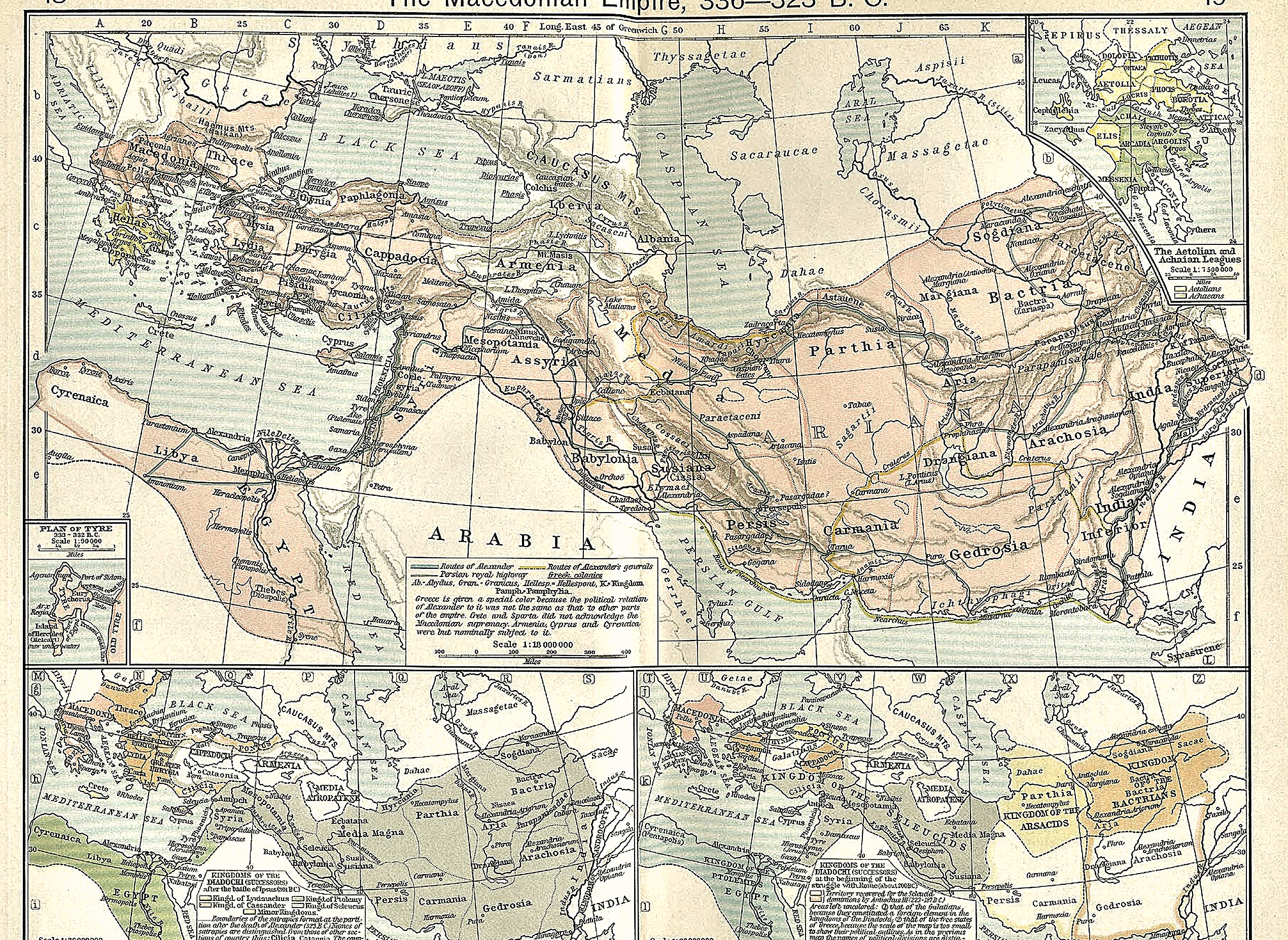 Shepherd atlas map of Alexander's empire with insets of the Greek leagues and Hellenistic kingdoms about 200 B.C.
