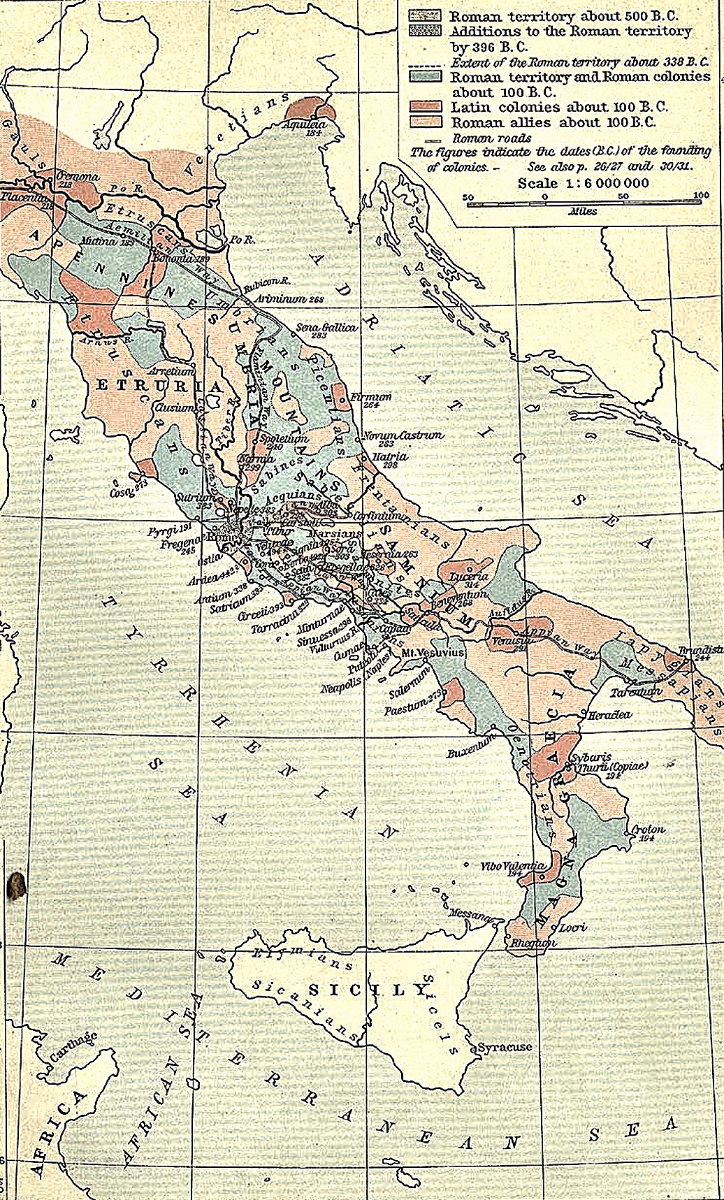 Map of the growth of Roman power in Italy, showing colonies and allies about 100 BC
