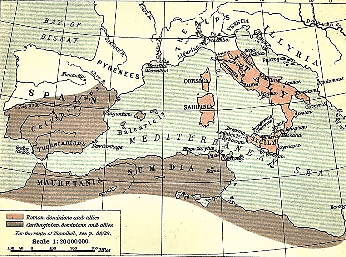 Map of Roman and Carthaginian dominions in the western Mediterranean before the Punic Wars